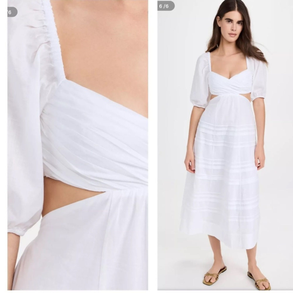 New Staud Carina White Poplin Cutout Puff sleeve Midi Dress Size M - Picture 4 of 9